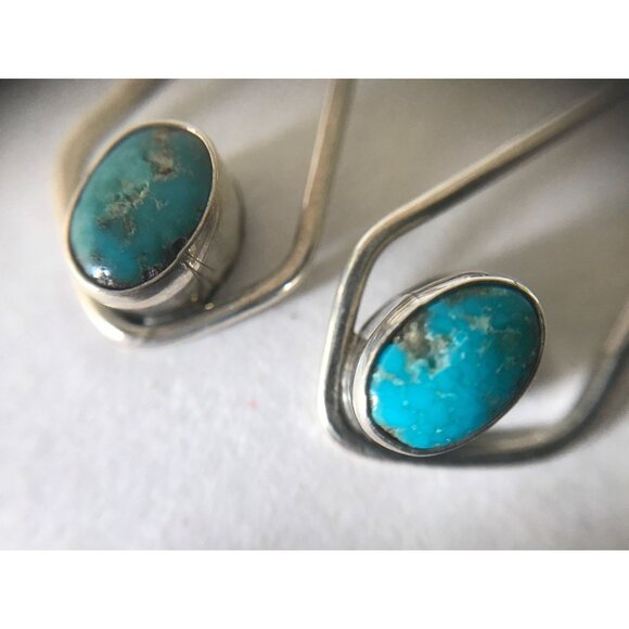 Vtg 1970's Dangle Drop With Bezel Turquoise Earrings Sterling Silver Non Pierce - Picture 2 of 9